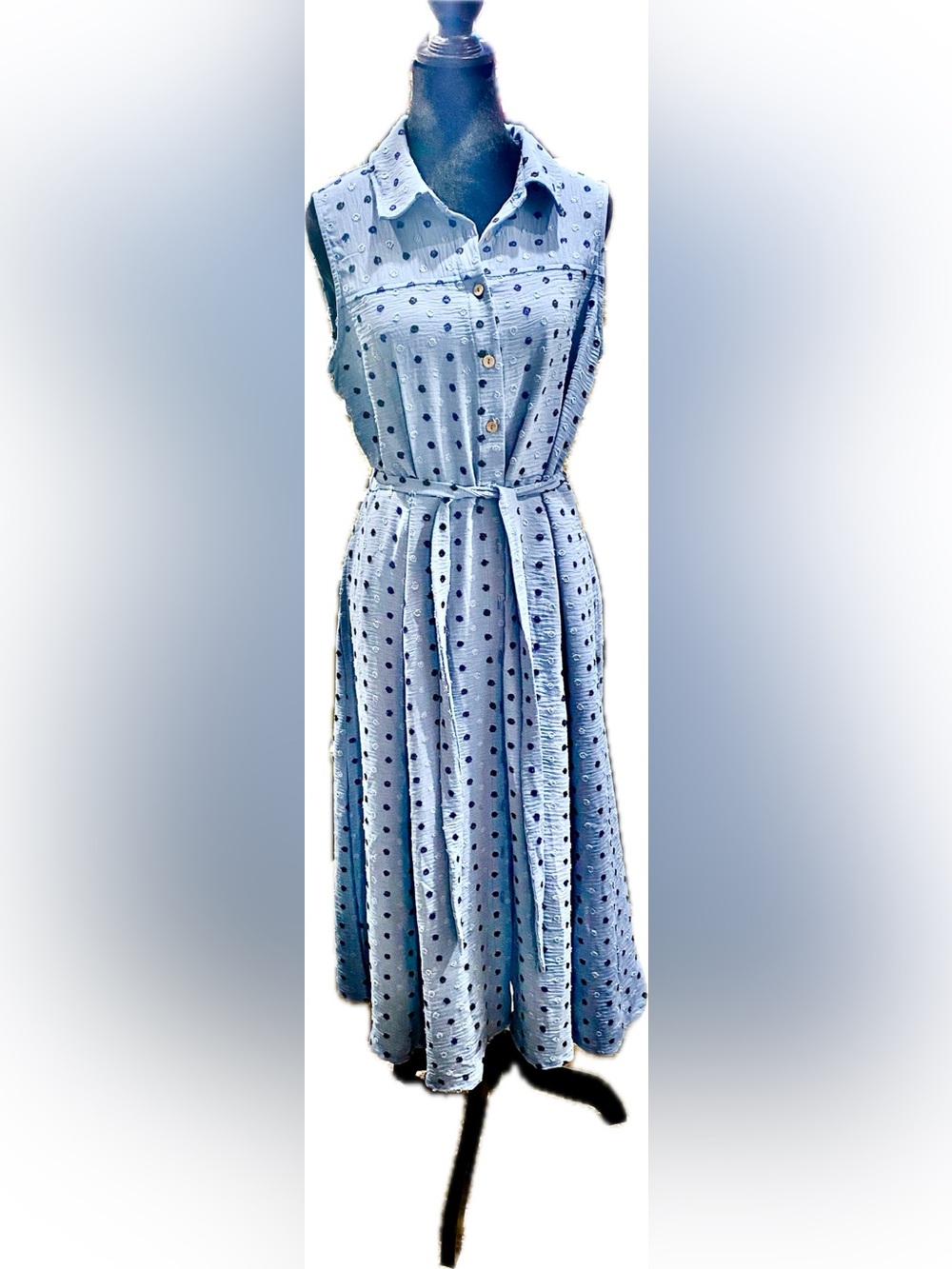 Nina Leonard Sleeveless denim Blue Eyelet Shirt Dress/Tie Waist - NWOT…Sz. L